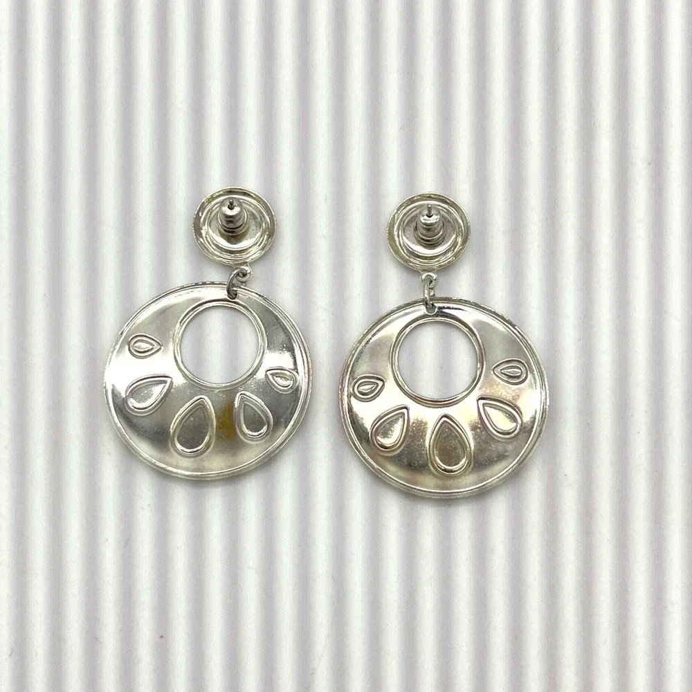 Vintage Round Silver Tone‎ Drop Earrings with Turquoise Colored Enamel Accents